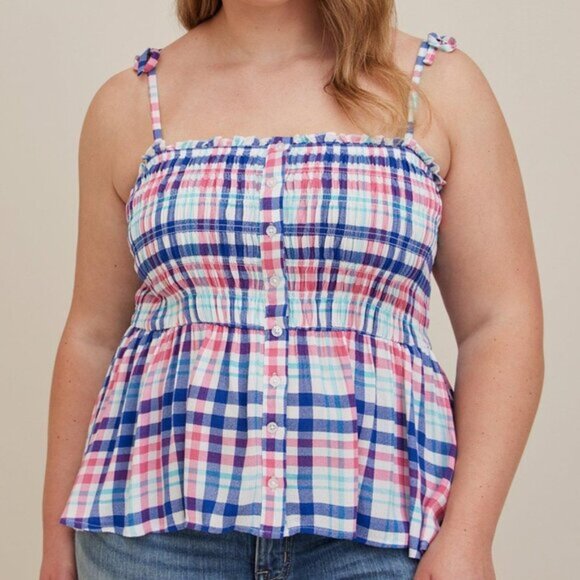 Torrid Peplum Plaid Top Smocked Bodice Cami Crinkle Gauze Size 3 Summer Pink NWT - Picture 2 of 8